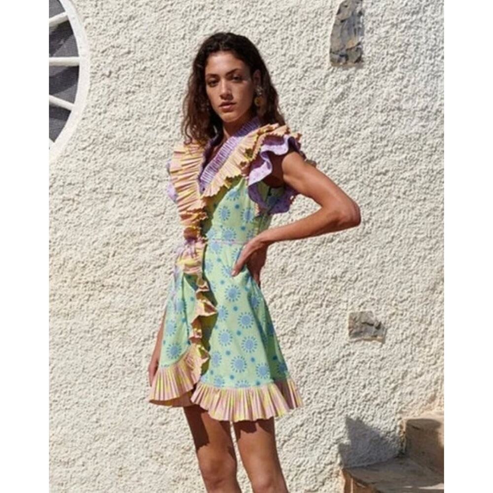 CELIAB Celia B Sz M Medium Orion Mini Dress Ruffle Green Multi NWT